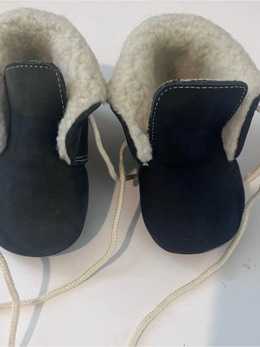 Kidex Vintage?? Baby Booties Feaux Fur Lined Navy Blue Tie Size 0 Good Condition